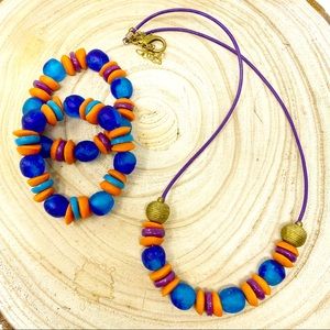 Necklace Boho Statement Handmade Glass Beads Brass Ghana Purple Orange Blue NEW
